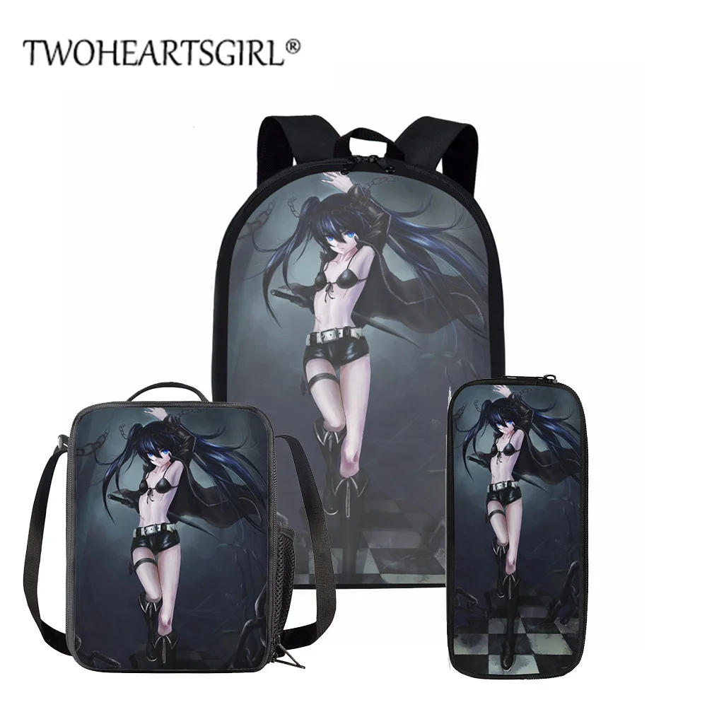 

Twoheartsgirl Teenager Girls and Boys Schoolbag Black Rock Shooter Print 3 Pcs/set Satchel Polyester Fashion School Bag Mochila