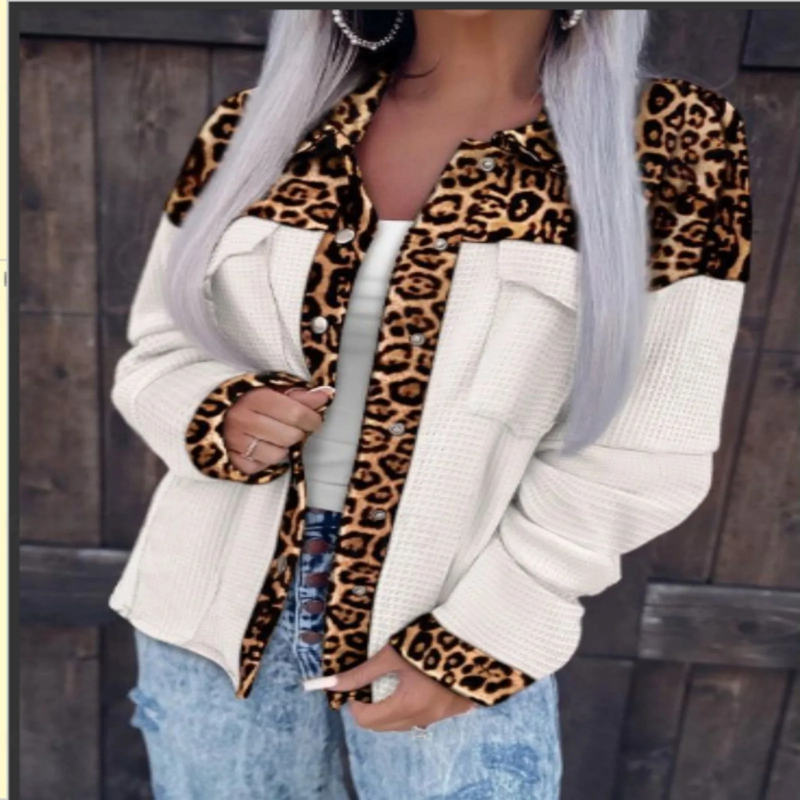 

Women Autumn And Winter New Leopard Print Long Sleeve Hoodie Coat Button Blouses Turn Down Collar Work Wear Blusas Cardigan