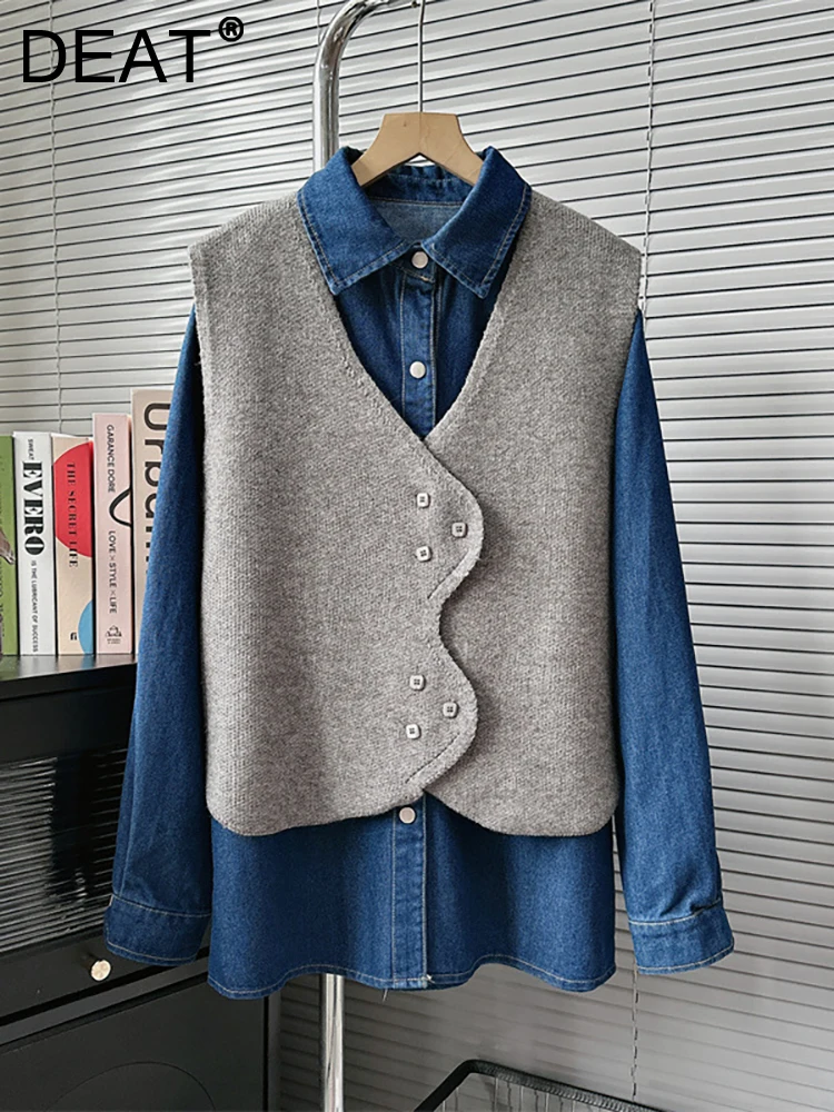 

DEAT Women's 2 Pcs Set Knitted Irregular Buttons Vest Denim Loose Longs Leeve Shirts Blouse 2023 Autumn New Fashion 29L3555