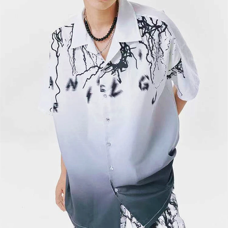 

Lightning Series Gradient Dark Goth Button Up Shirt Men Women Streetwear Loose Tops Short Sleeve Plus Size Beach Hawaii Blouses