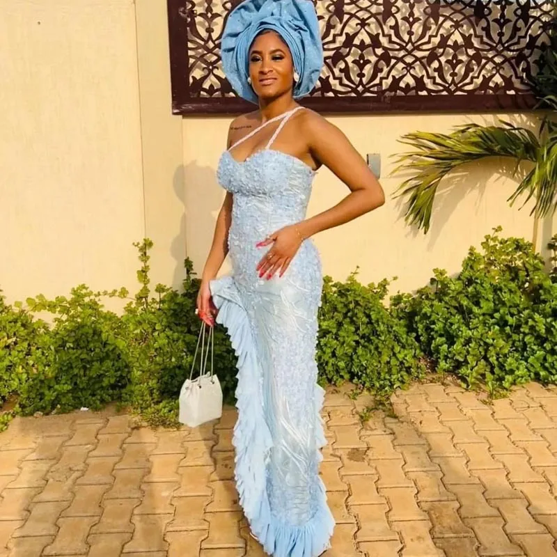 

Pretty Sky Blue Lace Appliques Aso Ebi Prom Dresses For Black Women Side Slit South Africa Party Dress Ruffles Tulle Edge Dress