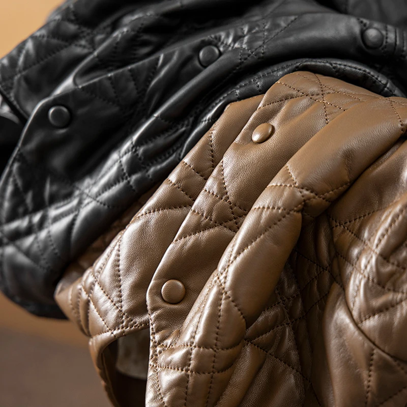 2023 Spring Leather Jacket Woman  Covered Button  Casual  Vintage  Blazer Mujer  Genuine Leather Jacket  Sheepskin  V-Neck Coat