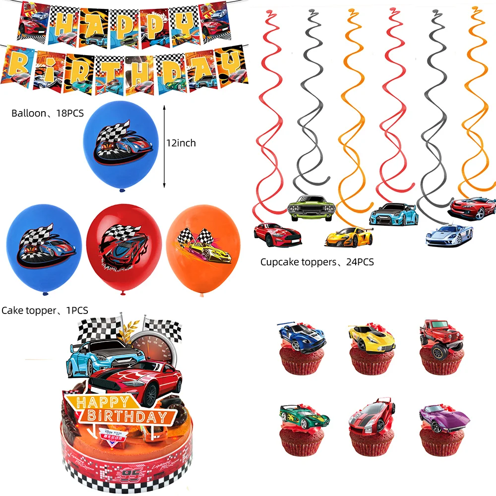 64Pcs Racing Car Birthday Party Supplies Baby Shower Disposable Tableware Sets  Disposable CakeToppers Flags