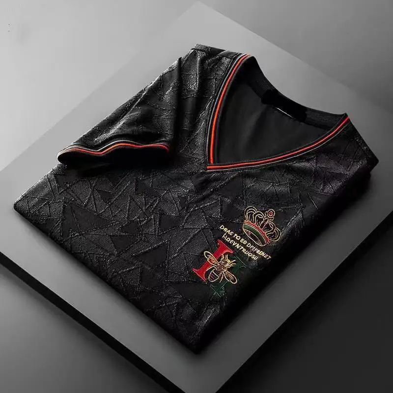 

Light luxury national tide jacquard v-neck short sleeve t-shirt men's summer embroidery large size Joker t-shirt top