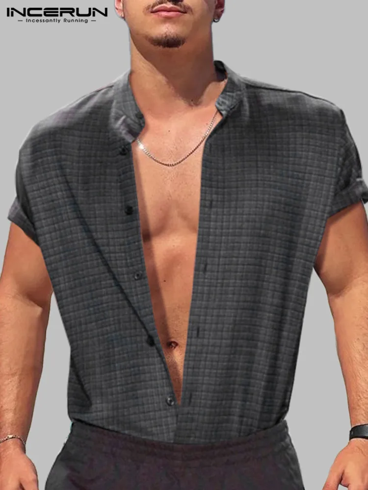 

INCERUN Stylish Hot Sale New Men's Tops Casual Streetwear Male All-match Simple Blouse Dark Plaid Sleeveless Button Shirts S-5XL