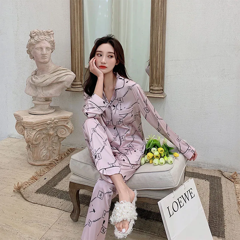 Women's Printed Satin Pajama Set Light Purple Silk Pajamas Suit Female Sleepwear