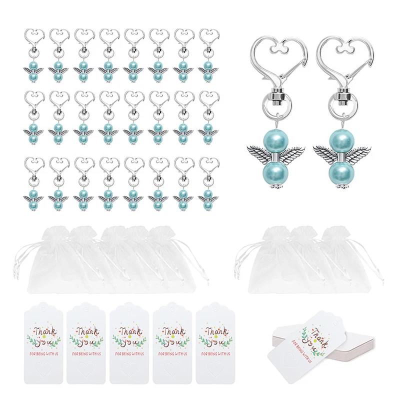 

60Pcs/Set Thank You Favors Angel Keychain Favor Bow Angel Wing Thank You Tag Guest Return Favor for Baby Party Favors Supplies
