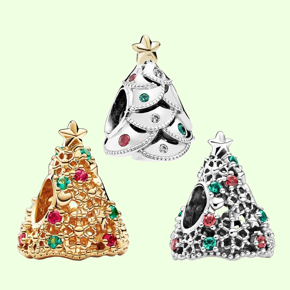

New 925 Original Silver Christmas Tree Petite Charm Beads for Making Bracelet Light Luxury Accessories Fit for Pandora jewelry