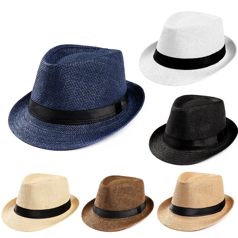 

Unisex Sunhat Women Men Fashion Summer Casual Trendy Beach Sun Straw Jazz Band Hat Cowboy Fedora Hat Gangster Cap