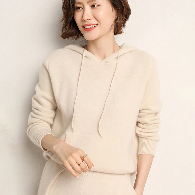 Женский кашемировый свитер с капюшоном карманами