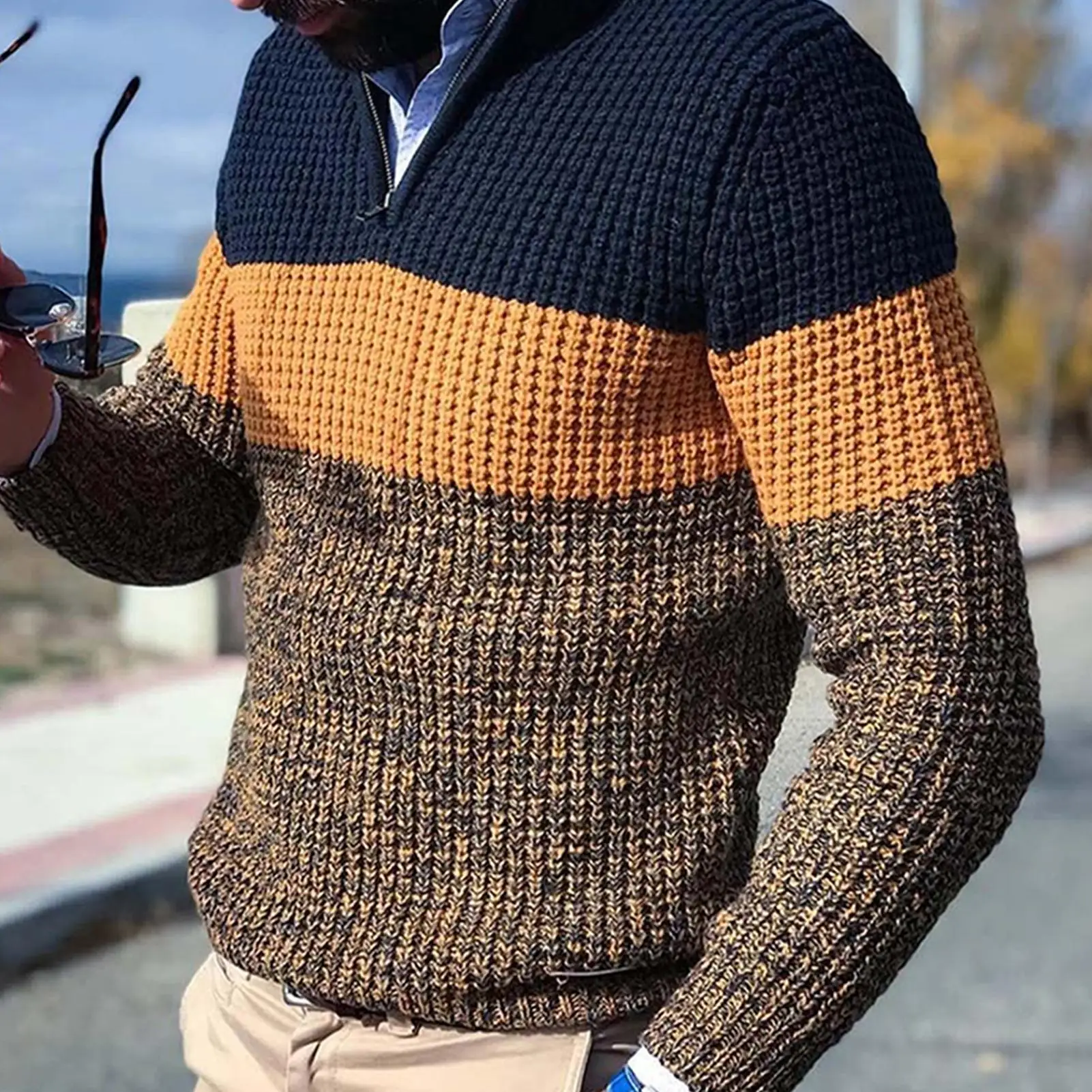 

Men Autumn Winter Pullover Jumper1 Long Sleeve V Neck Color Block Knitted Sweater