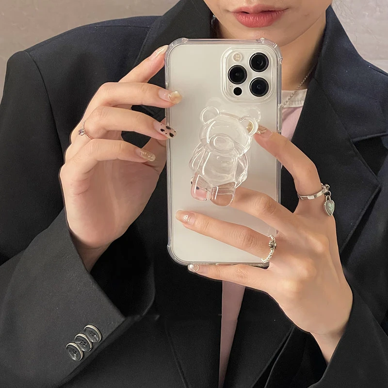 

Cute 3D Cartoon Bear Transparent Ring Holder Stand Phone Case for iphone 13 12 11 Pro Max MiNi XR X XS 7 8 plus SE Soft Cover