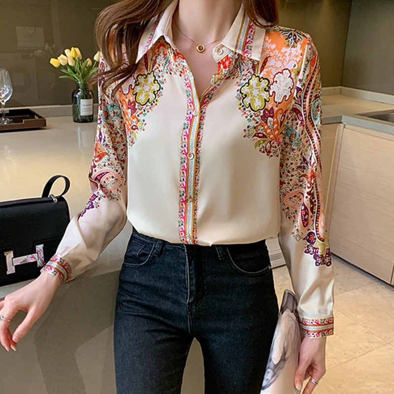 

Ladies Tops Spring Long Sleeve Silk Shirts 2022 Fashion Floral Print Blouse Women Satin Shirts Autumn Blusa Mujer Clothes 18440