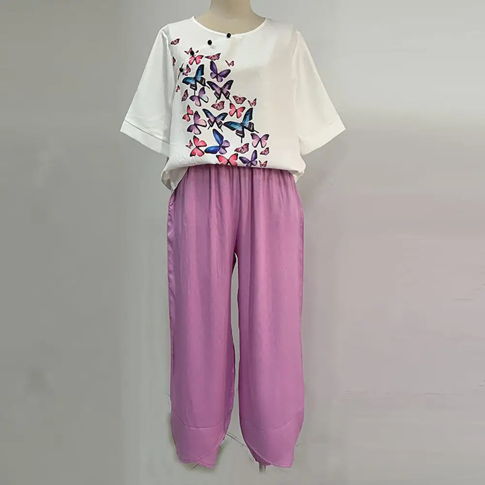 

2 Pcs/Set Chic Striped Pattern Lady Top Trousers Set Half Sleeves Contrast Color Spring Blouse Trousers Set Match Shoes