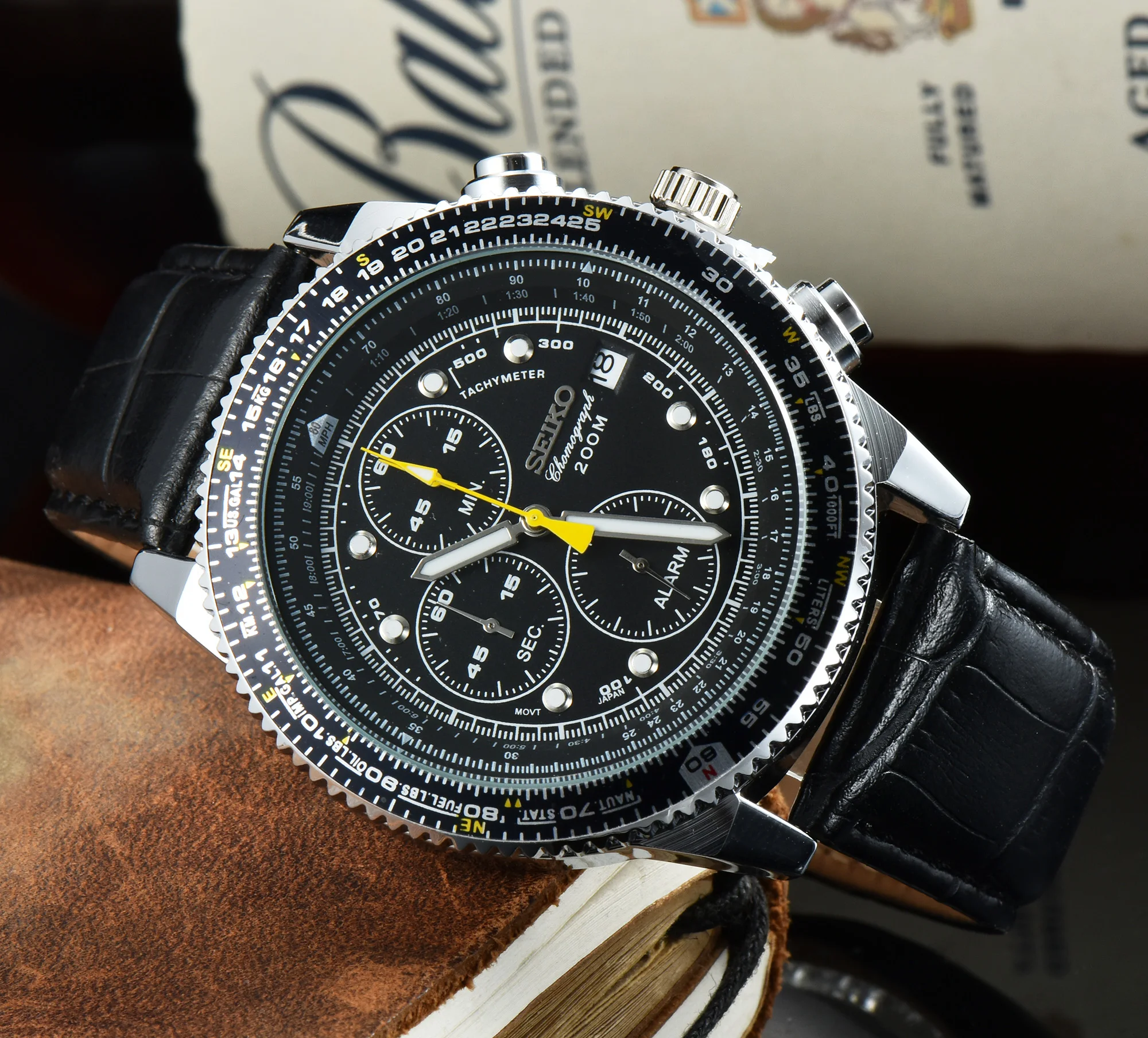 Продажа Часы наручные Seiko мужские, роскошные светящиеся с чёрным циферблатом, с вращающейся перегородкой, с таймером полета