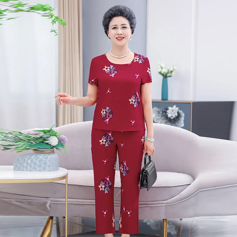 

Summer Two Piece Set Women Caslau Print Short Sleeve Tops and High Waist Pants Middle-aged Woman Summer Suit Elegant Clothes