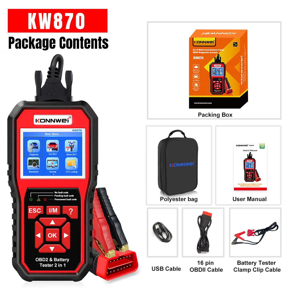 KONNWEI KW870 6 В 12 В автомобильный мотоциклетный аккумуляторный тестер OBD2 диагностический инструмент сканер 2 в 1 инструменты для тестирования зарядки (art.: 3920cd3d8ce6e) - 3920cd3d8ce6e