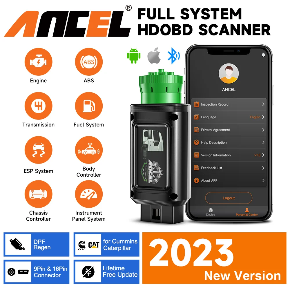 

ANCEL HD100 Duty Truck Diagnostic Scanner 9/12 Pin Bluetooth Diesel Heavy All System DPF Regen for 24V Cummins Caterpillar Scann