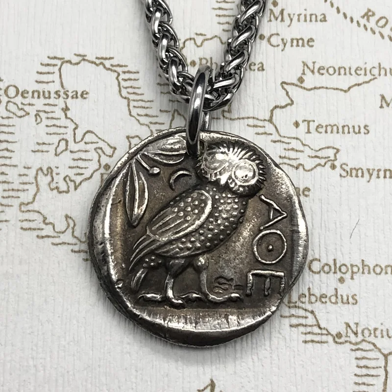 

Re-engraved Greek Silver Coin Silver-plated Goddess of Wisdom Athena Necklace Owl Ancient Coin Pendant Aquarius Patron Saint