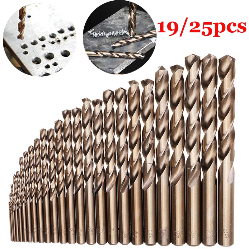 

Спиральные сверла из быстрорежущей стали с прямым хвостовиком и кобальтом для работ по дереву и металлу, 19/25 шт.