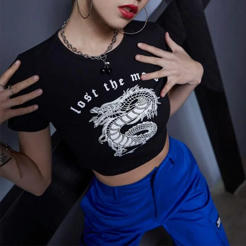 

Tee Y2K Harajuku Gothic Dragon Print T-shirts Chinese Dragon Vintage Aesthetic O-neck Short Sleeve Top Summer Slim Streetwear