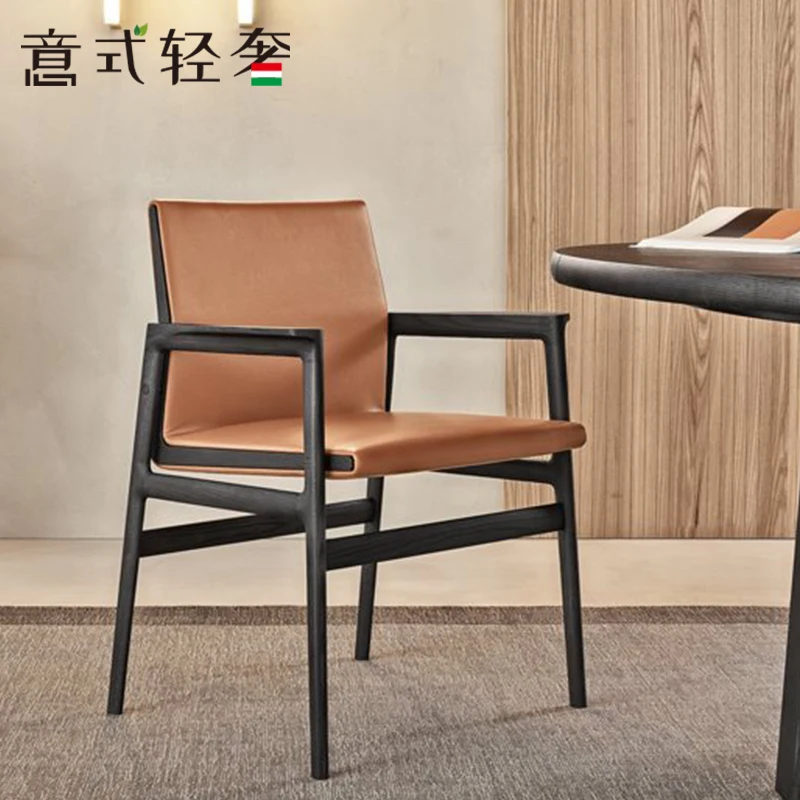 

Italian modern minimalist high-end design Hong Kong-style designer solid wood leather dining chair