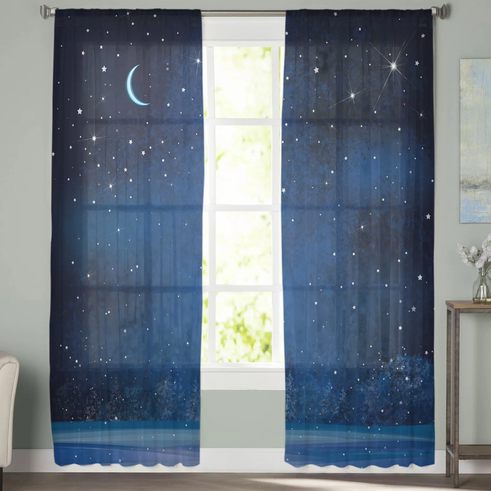 Звездное небо луна звезды красивые деревья тюлевые шторы для украшения гостиной