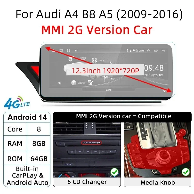 

Android 14 авто радио CarPlay для Audi A4 B8 A5 2008 2009 2010 MMI 2G с высоким компакт-диском автомобильный стерео плеер Multiemdia GPS Navi WiFi