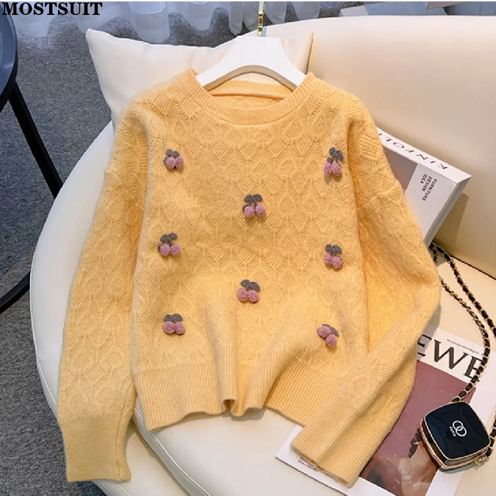 

Stereo Cherry Women Knitted Sweater Pullover Autumn Winter Kawaii Elegant Fashion Ladies Knitwear Long Sleeve O-neck Jumper Tops