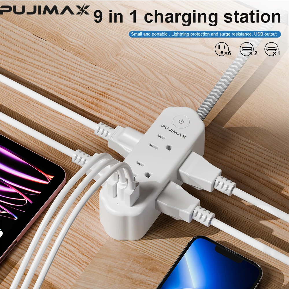 Фото Удлинитель PUJIMAX с 6 розетками US, 2 USB и 1 портом Type-C, кабель 1.5 м, защита от перенапряжения и перегрузки, 6 универсальных электрических розеток №2