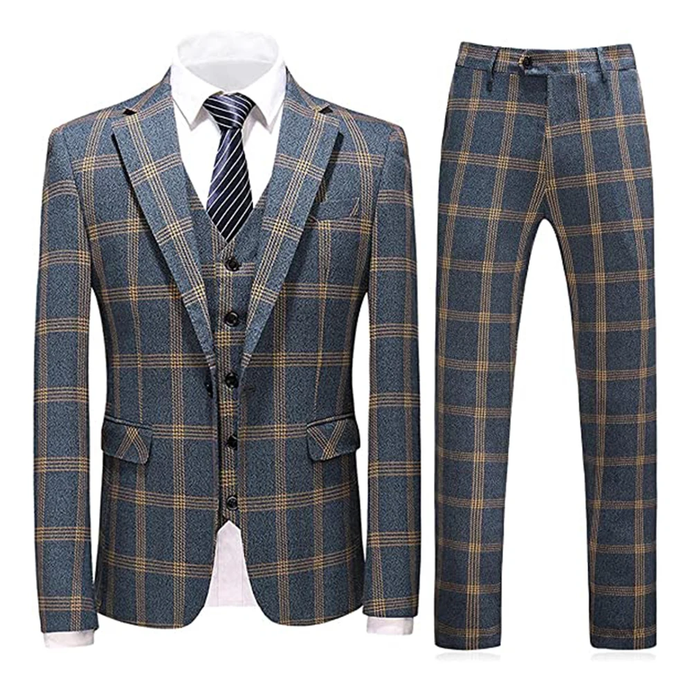 Mens Suits 3 Pcs Check Plaid Suit Woolen Single Breasted One Button Jackets Formal Dress Party Prom Casual Tuxedo Suits for Men