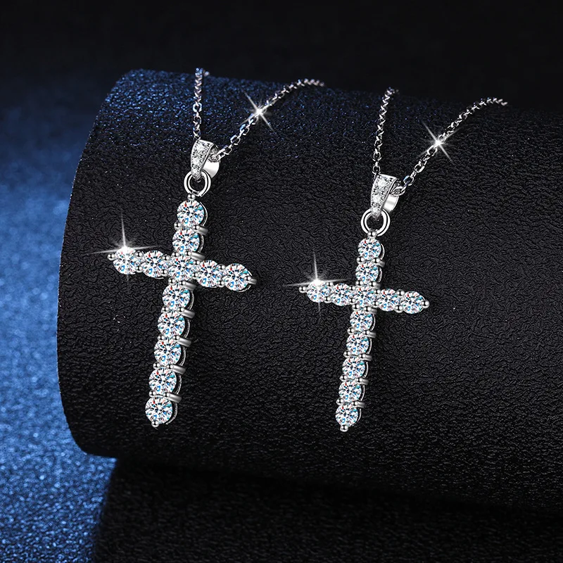 

925 Silver Real 0.72-1.2ct Moissanite Cross Necklace Women Fashion Jewelry D Color Moissanite Charm Necklace Pass Tester Gift