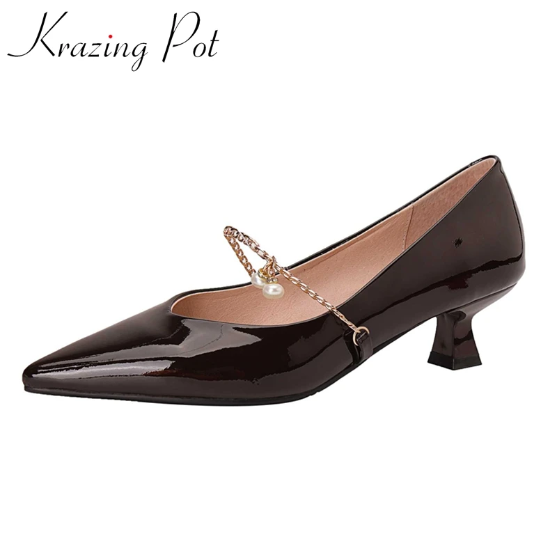 Krazing Pot full grain leather pointed toe med heel chain pearl decorations French romantic beauty girls dating women pumps L63