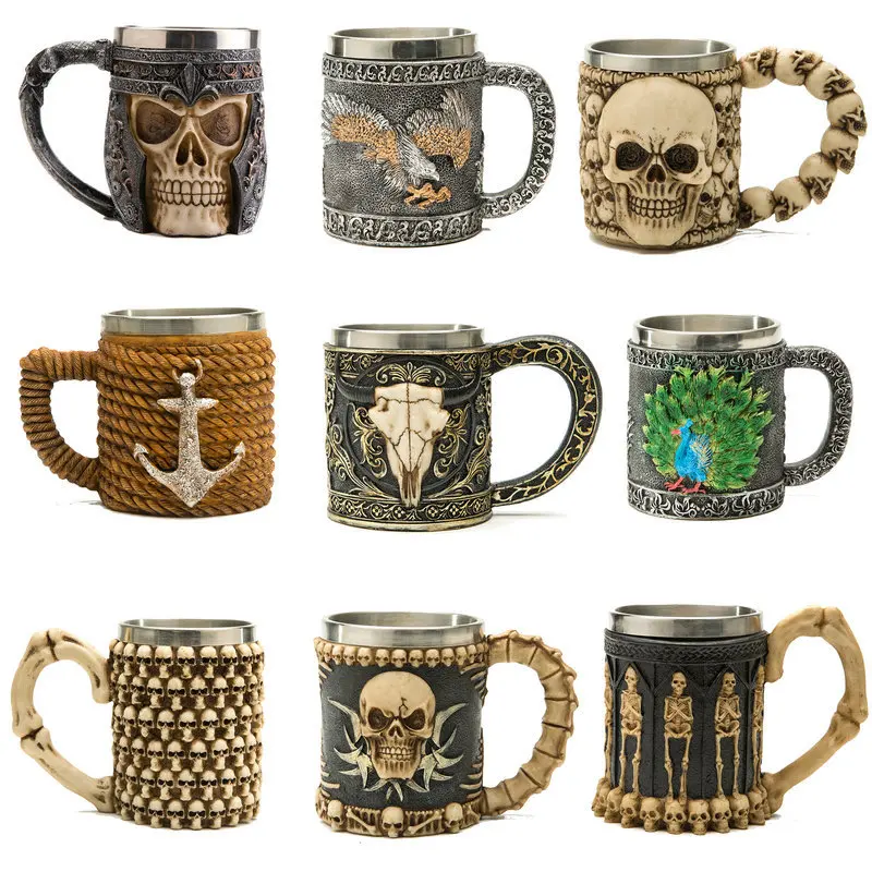 

3D Stainless Steel Mugs Resin Skull Beer Mug Peacock Tankard Wine Glass Christmas Fans Gifts Punk Coffee Cup CN Home Decro