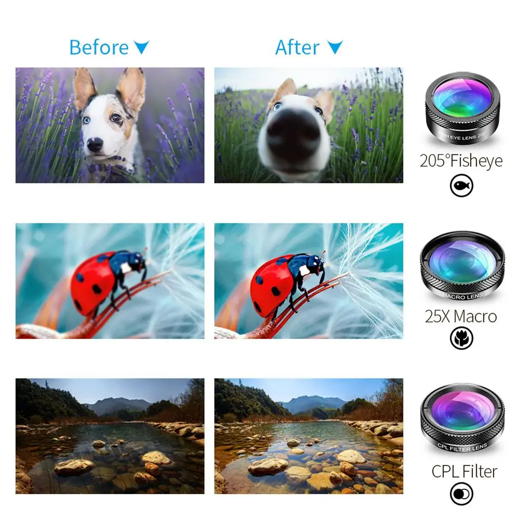 

Набор объективов APEXEL 6 в 1 для камеры телефона широкоугольный макрообъектив объектив рыбий глаз CPL Star ND32 фильтр для смартфонов Универсальный