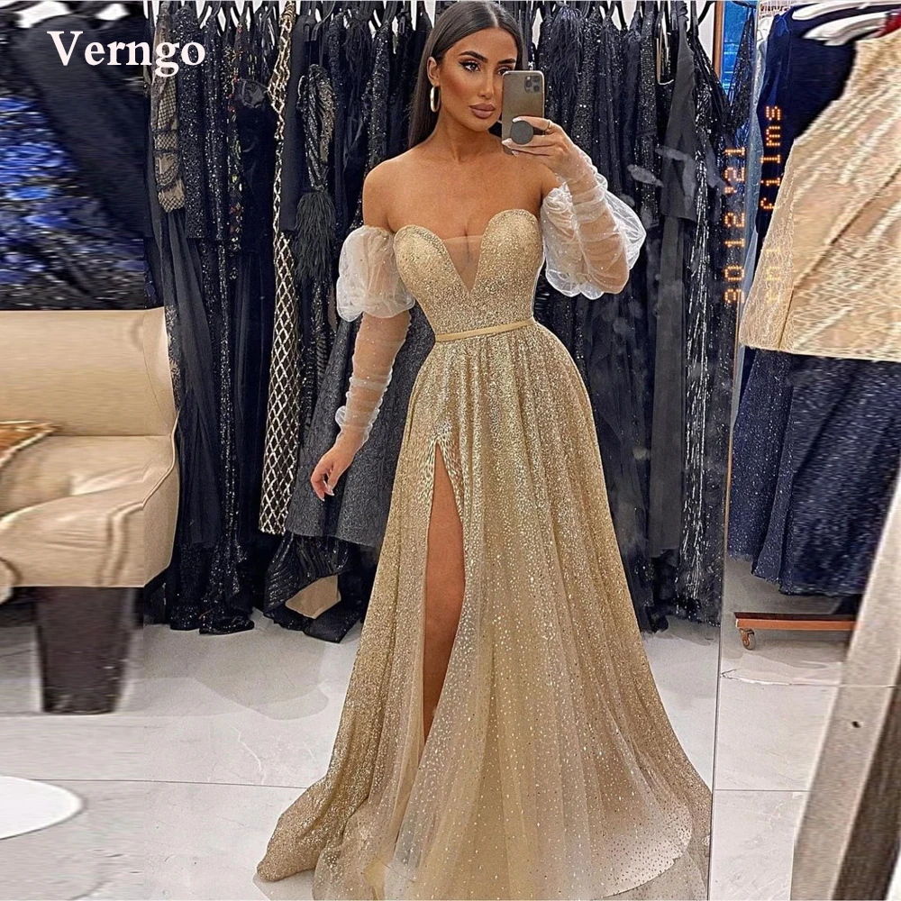 

Verngo Glitter Champagne Long Evening Dresses Sweetheart Lantern Sleeves Side Slit Ribbon Sash Prom Gowns Sexy Party Dress