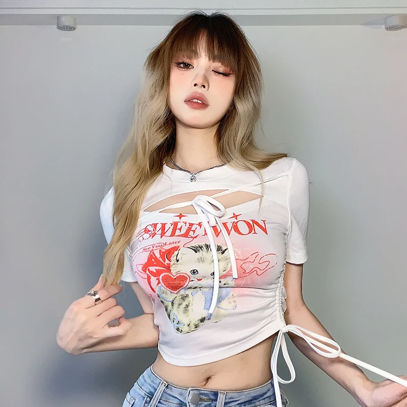 

Weekeep girls aging Kitty print lace up hollowed out drawstring T-shirt Spice Girls slim short sleeve top summer