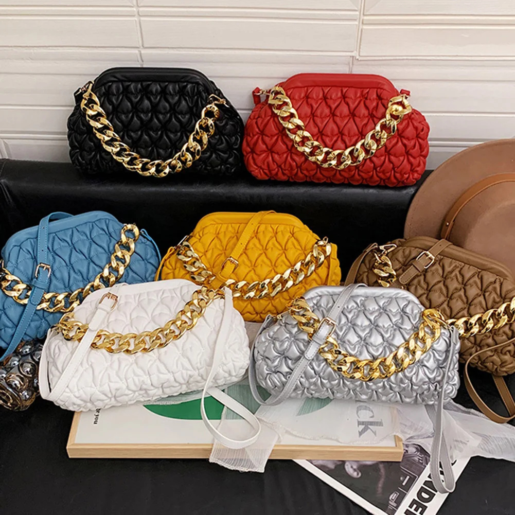 

Women PU Leather Shoulder Bags Lady Metal Chain Diamond Lattice Bag Female Solid Color Street Single Shoulder Bags