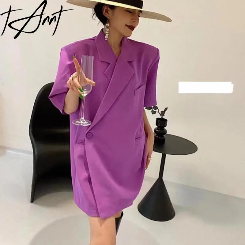 

Tannt Women Blazer Short Sleeves Fashion Summer Blazers And Jackets For Women Black Pink Blue Loose Long Suit Coats 2023 New