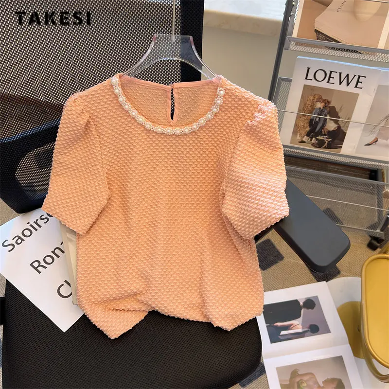 

2023 Summer High Street Sweet Style Round Neck Solid Color Short Sleeve T-shirts Women's Elegant Causal Slim Fit Tees Top