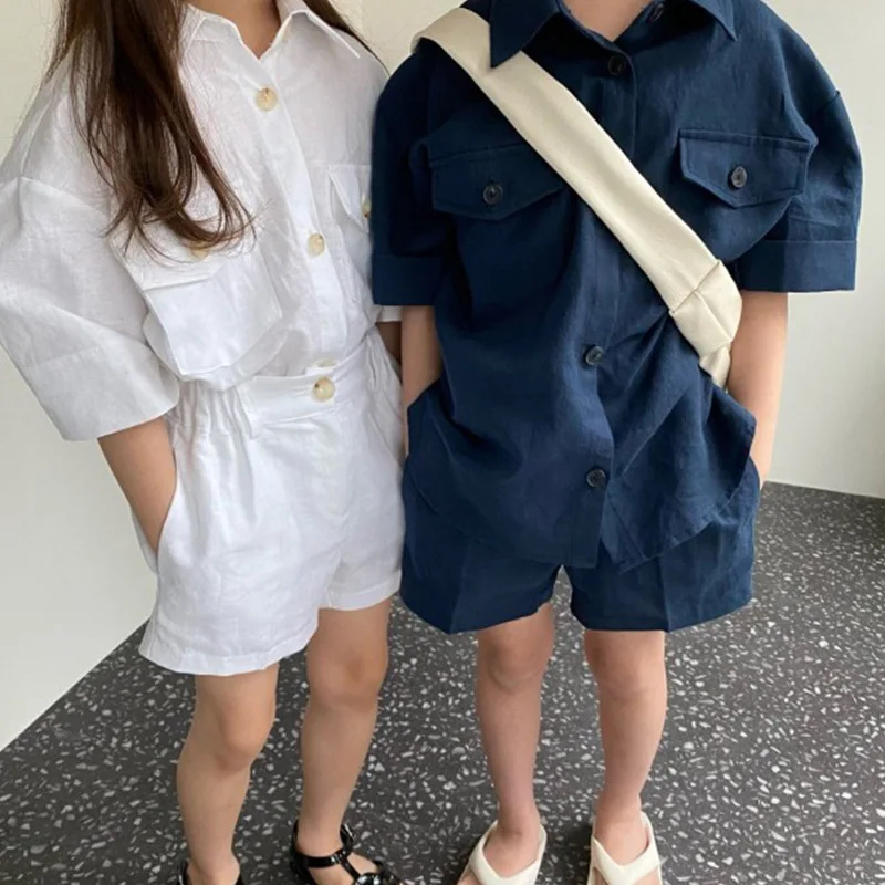 

2021 South Korean summer new boys and girls' fashion handsome double pocket Lapel Shirt Shorts suit kids clothes boys