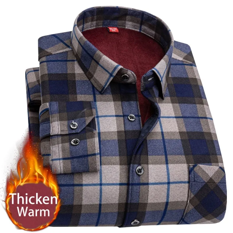 

Autumn Winter Thick Men Fleece Shirt 2022 Fashion Plaid Thick Keep Warm Shirt Male Print Long Sleeve Business Big size L-5XL
