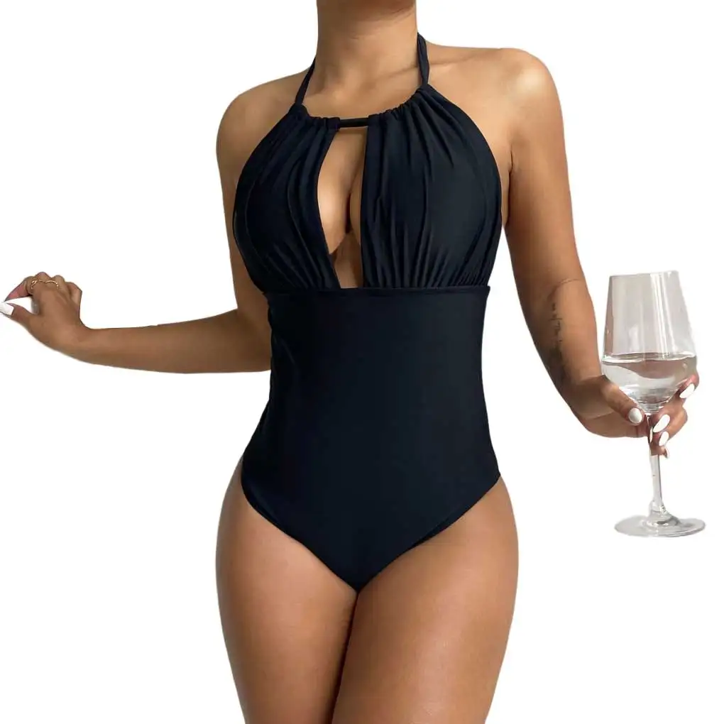 

2/3 One-Piece Swimsuit Elastic Halter Lace Backless Swimwear for Hot Spring