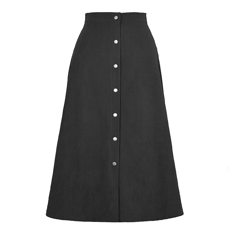 

Women Buttons High Waist Long Skirts A-Line Corduroy Solid Color Single Breasted Elegant Fashion Autumn Winter Women