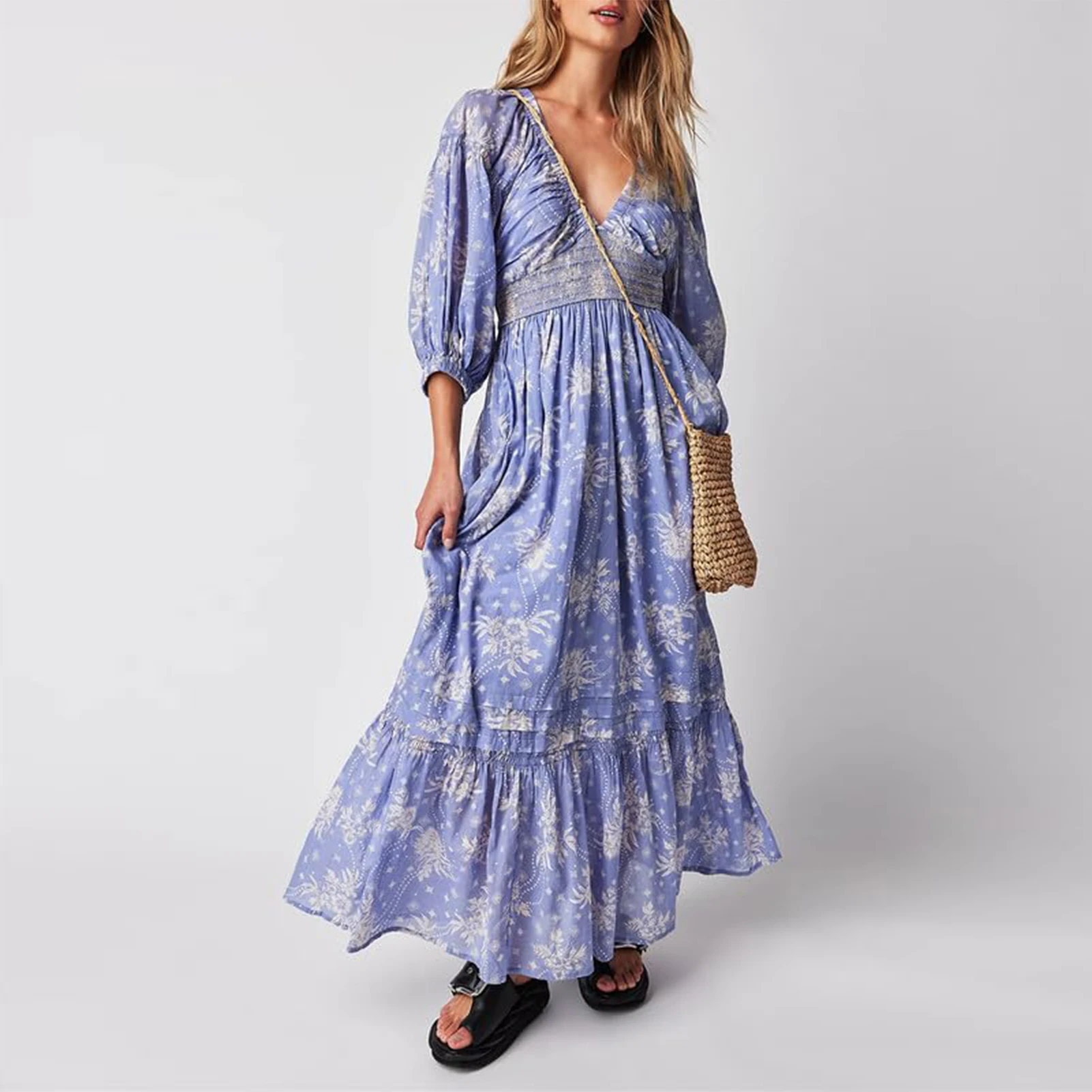 

Женское платье макси с пышными рукавами, повседневное Цветочное платье с глубоким V-образным вырезом, свободное Многоярусное платье в стиле бохо, элегантный наряд для отпуска
