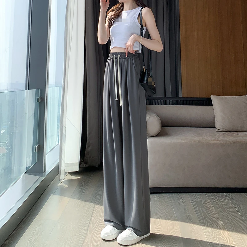 

Cupro narrow wide-leg pants women's spring, autumn and summer thin high-waisted gray tall straight ice silk pants
