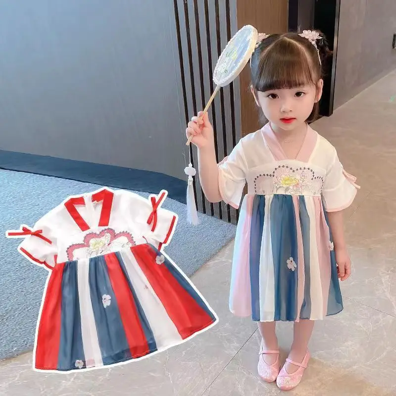 

Girls Baby Dress Summer Clothing Children's Short Sleeve Dress New Hanfu Chinese Style Embroidery Dress