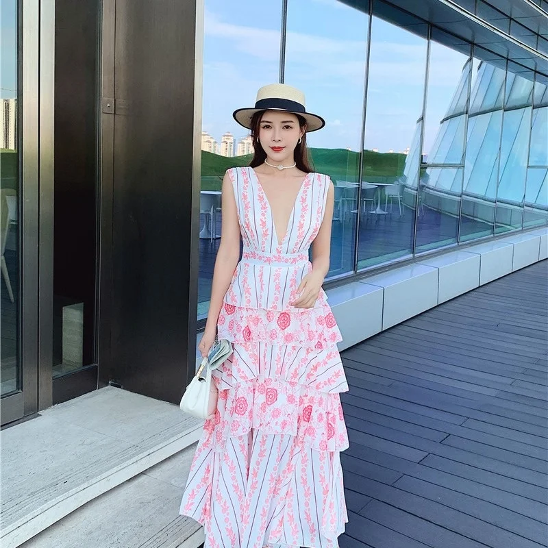 

Женское пляжное платье без рукавов, Длинное Элегантное винтажное платье с V-образным вырезом и цветочным принтом