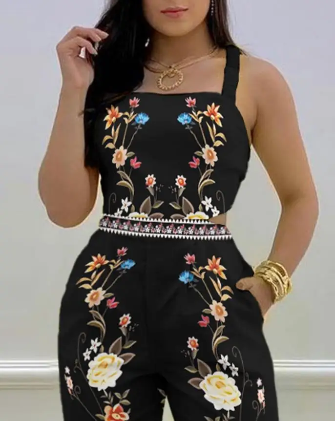 2Pcs Women Clothing Sexy Square Neck Thick Strap Floral Print Crisscross Tied Detail Backless Jumpsuit Backless Pants Set