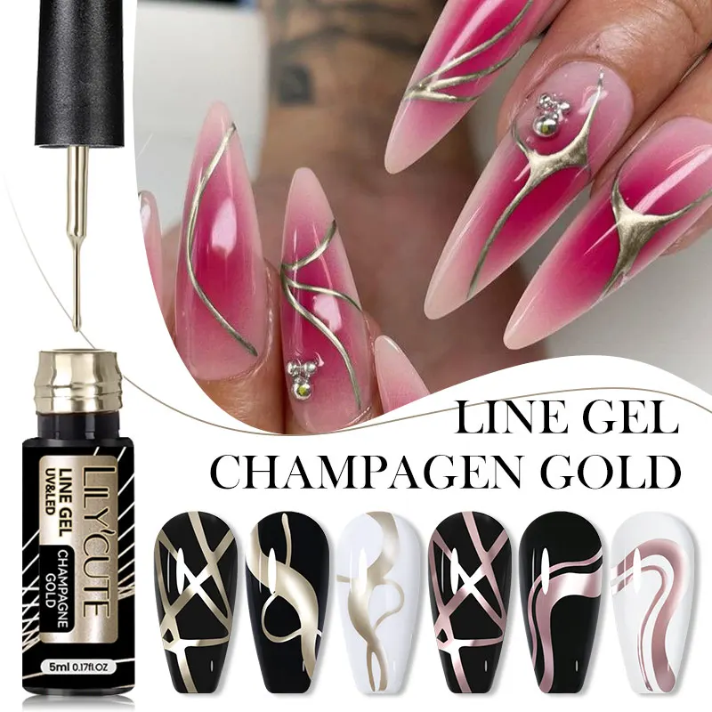 

LILYCUTE Champagne Gold Metallic Liner Gel Nail Polish Silver Rose Super bright Mirror Glitter Painting Graffiti Nail Art Gel